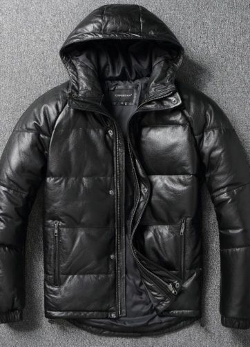 First-Layer Cowhide Down Jacket, Genuine Leather Jacket, Men's Hooded Winter