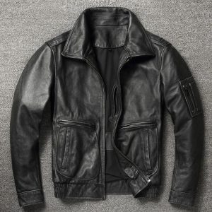 100% Cowhide Genuine Leather Coat  for Men style of  Moto & Biker Vintage  Slim