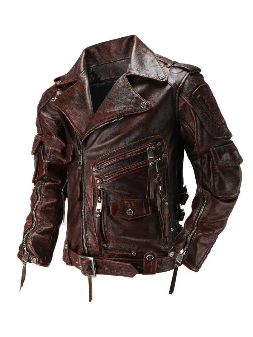 Copersian Men's Natural Leather Motorcycle Jacket Top Layer Causal Vintage Retro - 图片 2