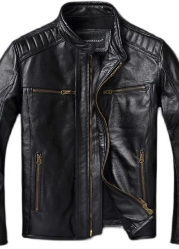 Top Layer Cowhide Motorcycle Jacket Genuine Leather Stand Collar Jacket Spr