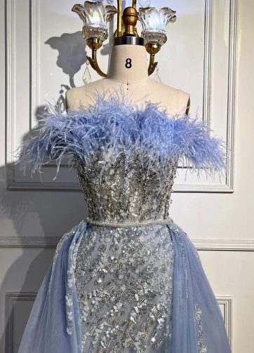 SERENE HILL Customized Blue Beaded Feathers Overskirt Mermaid Evening Dress 2025