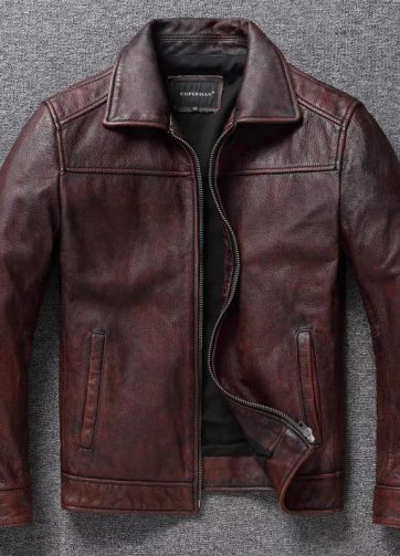 Retro Distressed Lapel First Layer Cowhide Leather Motorcycle Jacket Men's Slim
