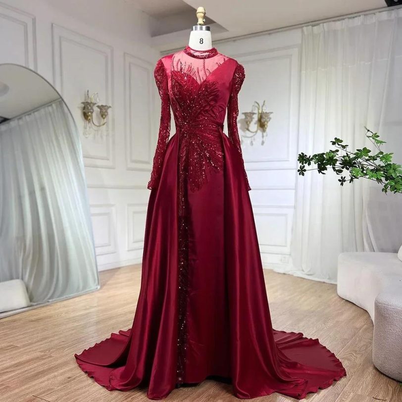 SERENE HILL Customized Burgundy Beaded Satin Mermaid Detachable Overskirt Evenin - 图片 5