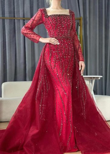 SERENE HILL Customized Arabic Green Overskirt Mermaid Beaded Evening Dress Luxur