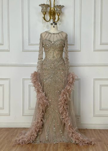 SERENE HILL Customized 2025 Arabic Caramel Mermaid Evening Dress Beaded Feathers
