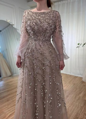 SERENE HILL Customized Muslim Caramel A Line Beaded Luxury Dubai Long Evening Dr