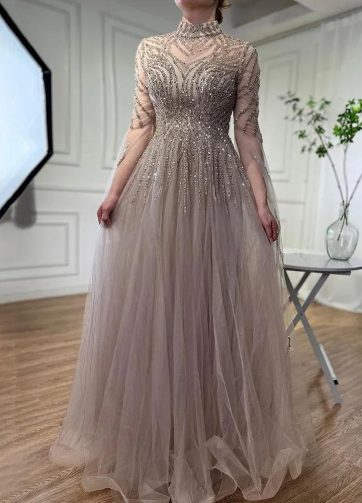 SERENE HILL Customized Caramel Luxury Beaded A-Line Evening Dress 2025 Cape Slee