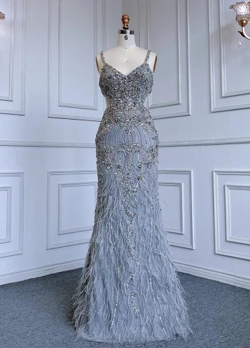 SERENE HILL Customized Arabic Gray Luxury Beaded Feathers Mermaid Evening Dress