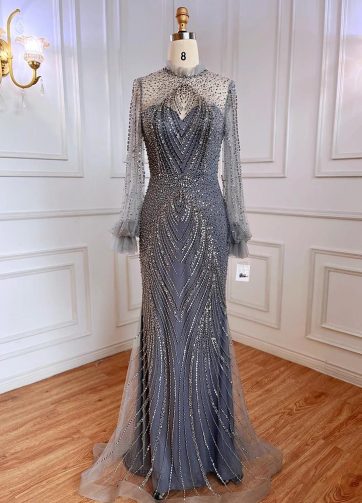 SERENE HILL Customized Grey Mermaid Elegant High Neck Evening Dress Gown 2025 Fu