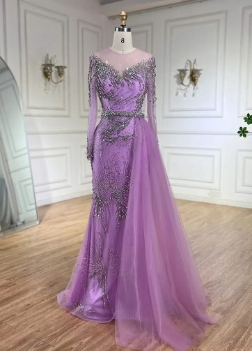 SERENE HILL Customized Arabic Lilac Luxury Beaded Mermaid  Overskirt Evening Dre