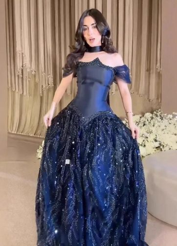 SERENE HILL Customized Arabic Navy Blue Luxury Beaded A-Line Evening Dress 2025