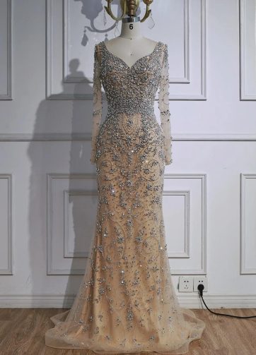 SERENE HILL Customized Luxury Beaded Nude Mermaid Evening Dress 2025 Long Sleeve