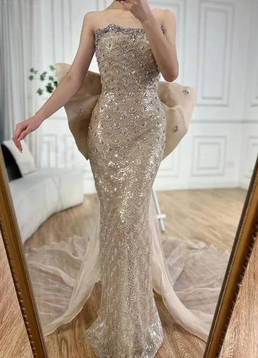 SERENE HILL 2025 Customized Nude Arabic Mermaid With Bow Evening Dress Beaded Wo