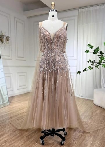 SERENE HILL Customized Arabic Nude A-Line Midi Length Cape Sleeves Beaded Evenin