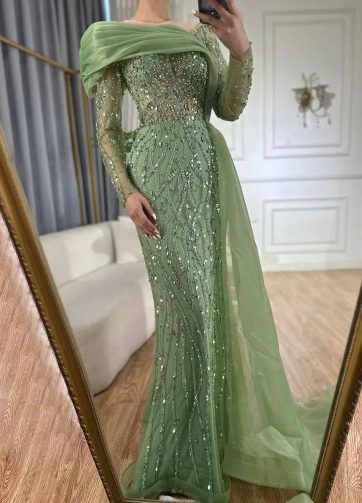 SERENE HILL Customized 2025 Women Wedding Party Olive Green Mermaid Overskirt Ev