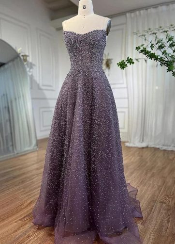 SERENE HILL Customized Arabic Luxury Purple A-Line Strapless Beaded Evening Dres