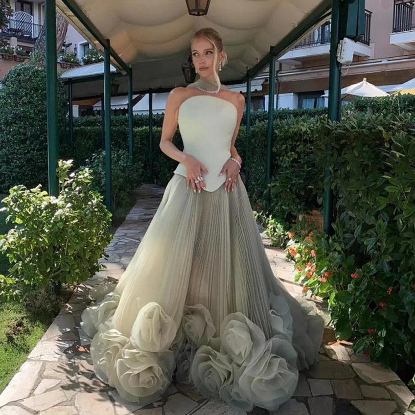 Elegant Sage Green Strapless 3D Flowers A Line Evening Dresses Gowns for Party 2