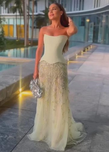 SERENE HILL 2025 Customized Saudi Arabic Sage Green Elegant Strapless A Line Eve