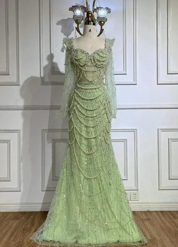 SERENE HILL Customized 2025 Arabic Sage Green Sweetheart Mermaid Pearls Beaded L