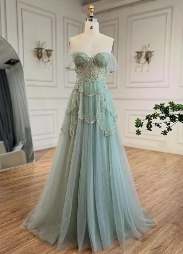 SERENE HILL Customized Arabic Sage Green A-Line Off Shoulder Luxury Beaded Eveni