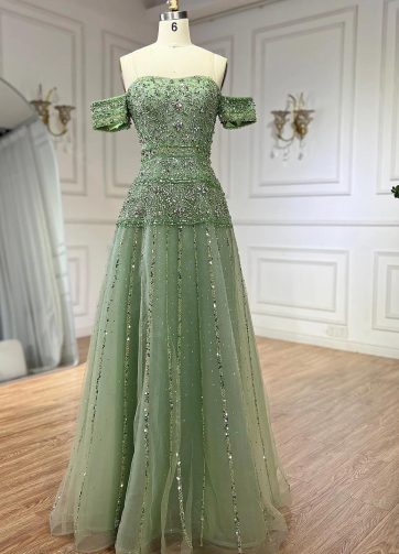 SERENE HILL Customized Luxury Beaded Sage Green A-Line Evening Dress 2025 Off Sh