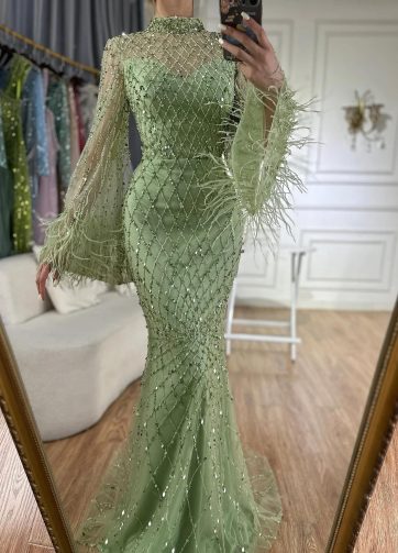SERENE HILL Customized 2025 Sage Green Beaded Feathers Mermaid Evening Dress Fla