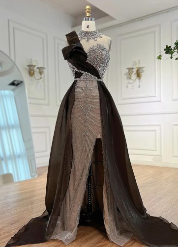 SERENE HILL Customized Arabic Silver Luxury Beaded Mermaid Overskirt Evening Dre