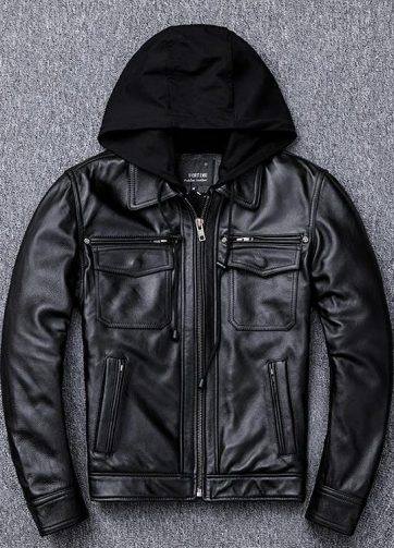 New top layer cowhide leather jacket men's slim lapel detachable hooded motorcyc