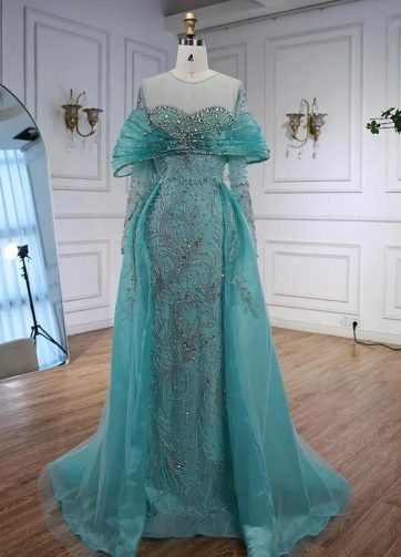 Arabic Blue Beaded Evening Dress Long Sleeves Bow Front Overlay Saudi Style Gown