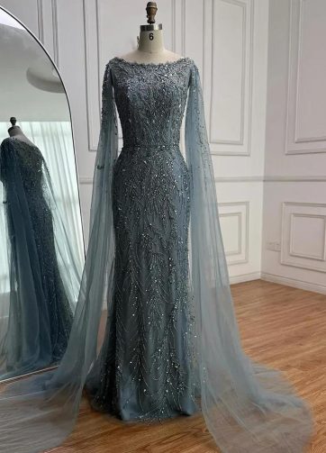 Luxury Caramel Beaded Evening Dress with Elegant Cape Sleeves Boat Neck Fitted G