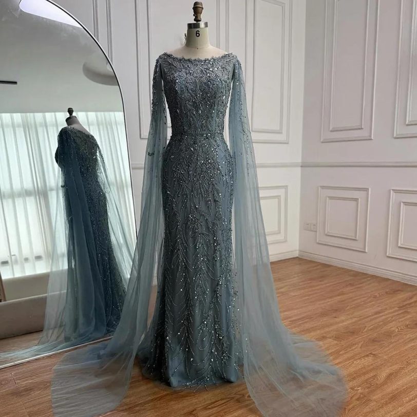 Luxury Caramel Beaded Evening Dress with Elegant Cape Sleeves Boat Neck Fitted G