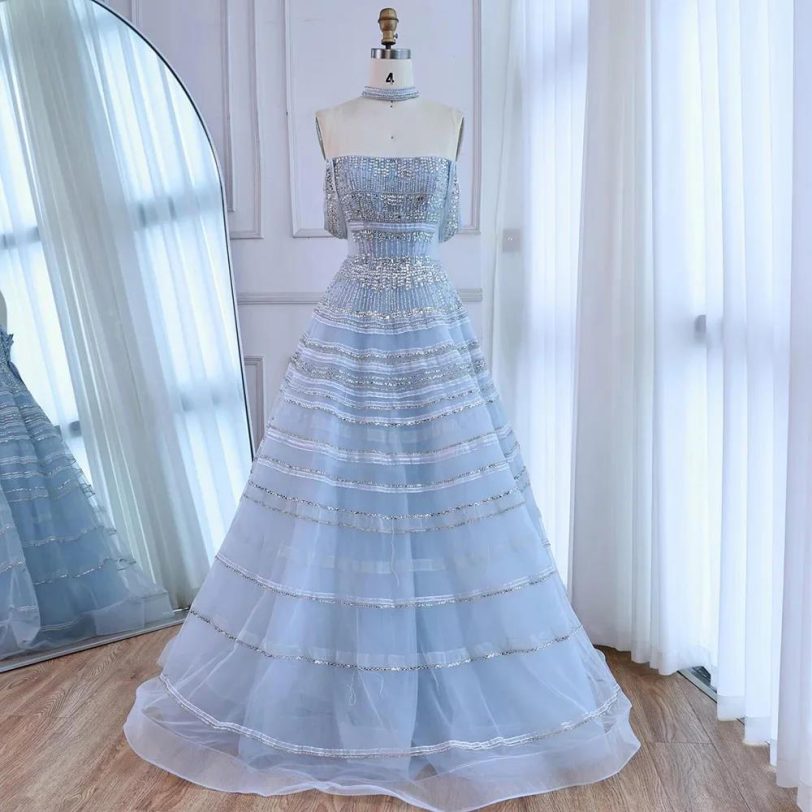 Luxury Dubai Arabic Blue Off Shoulder A Line Evening Dress with Beaded for Forma - 图片 3