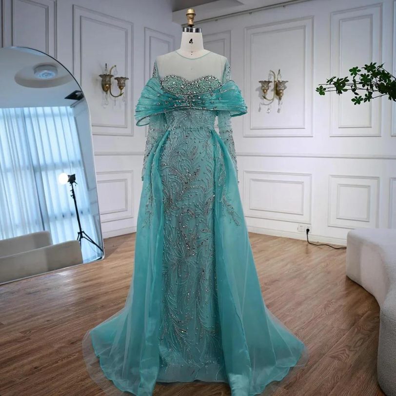 Arabic Blue Beaded Evening Dress Long Sleeves Bow Front Overlay Saudi Style Gown