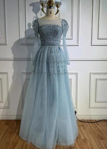 Luxury Caramel A-Line Beaded Evening Dress with Long Sleeves and Lace-Up Back fo