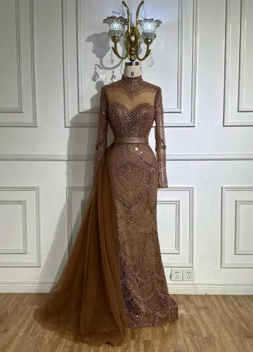 SERENE HILL Customized Brown Mermaid Beaded Arabic Evening Dresses Gowns with Si