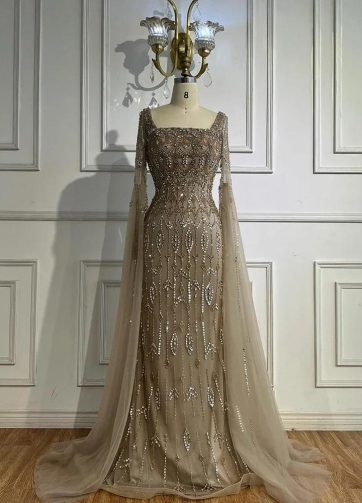 Luxury Caramel Saudi Arabic Evening Dress with Long Sleeves Cape Serene Hill 202