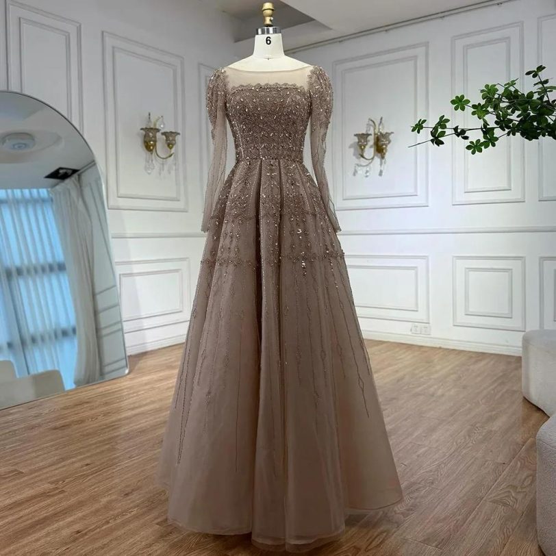 Luxury Caramel A-Line Beaded Evening Dress with Long Sleeves and Lace-Up Back fo - 图片 2