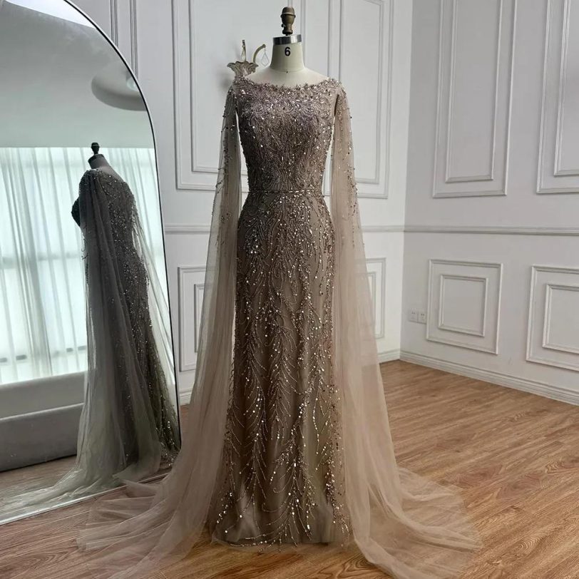 Luxury Caramel Beaded Evening Dress with Elegant Cape Sleeves Boat Neck Fitted G - 图片 5
