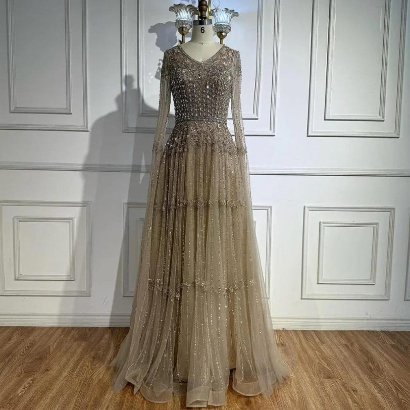 Elegant Caramel A Line Beaded Evening Dress with Cape Long Sleeves Serene Hill 2 - 图片 2