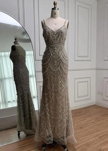 Serene Hill 2025 Customized Nude Beaded Mermaid Evening Dress with Spaghetti Str