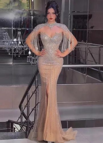 Serene Hill 2025 Customized Nude Mermaid Evening Dress with Detachable Beaded Ta