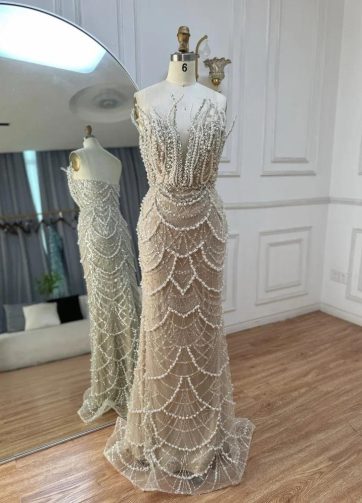 SERENE HILL Customized Nude Luxury Beaded Mermaid Evening Dress 2025 Sexy Strapl