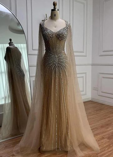 Luxury Nude Beaded Cape Sleeve Evening Dress Saudi Arabic Formal Gown Serene Hil