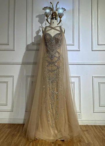 SERENE HILL 2025 Customized  Nude Cape Sleeves Beaded Crystal Arabic Evening Dre