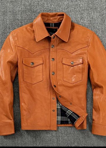 Korean Style Trendy Pure Sheepskin Leather Jacket Men's Orange Plant Blend Slim