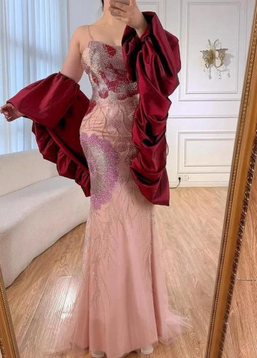 Luxury Pink Evening Dress with Cape Sleeves Dreamy Designer Gown Serene Hill 202