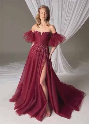 Wine Red Strapless A Line High Slit Evening Beaded Dresses Gowns With Detachable