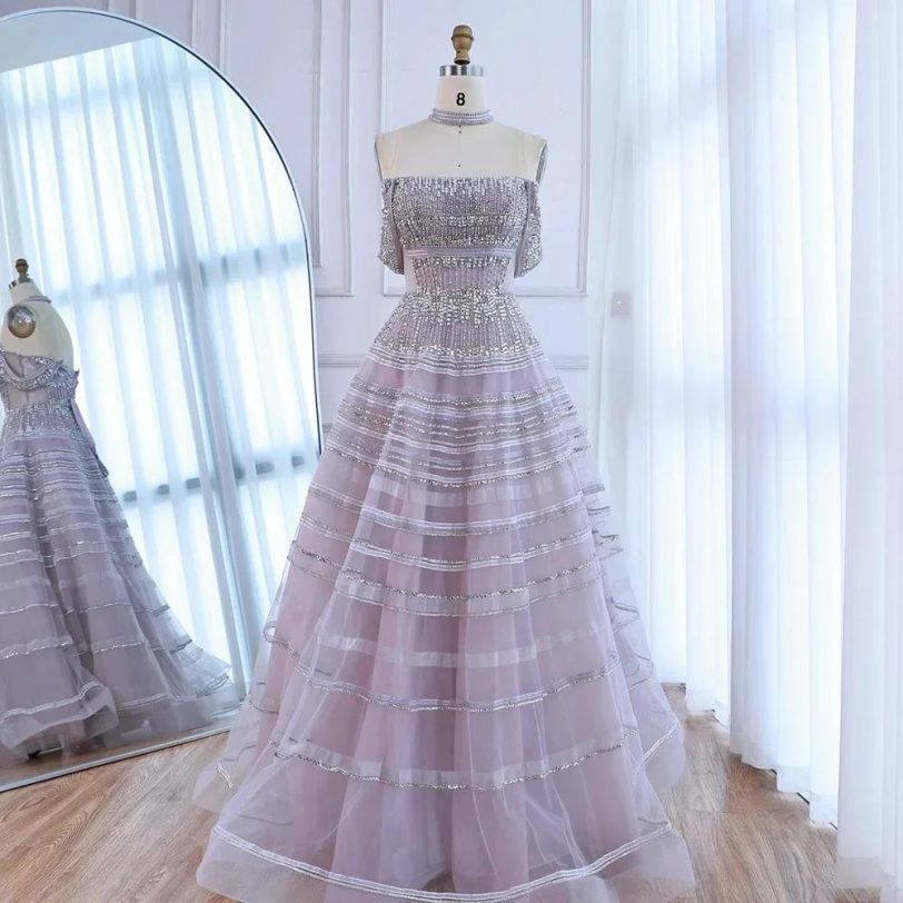 Luxury Dubai Arabic Blue Off Shoulder A Line Evening Dress with Beaded for Forma - 图片 2