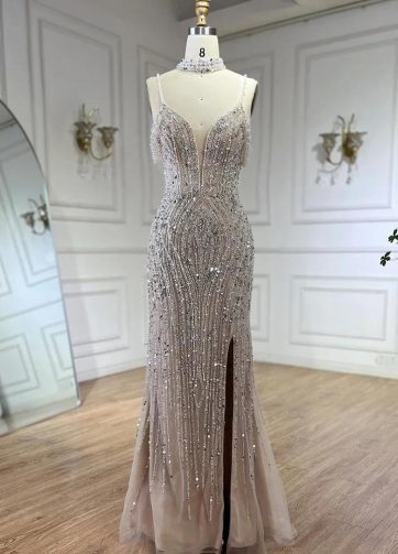 Luxury Silver Nude Beaded Evening Dress Spaghetti Strap Split Prom Gown for Wome