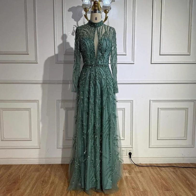 Turquoise Mermaid Evening Dress with High Neck Beaded Design for Women Formal Pa - 图片 4